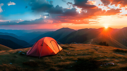 Mountain Sunset Camping with Tent and Nature Adventure