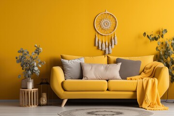 Boho interior in mustard colours