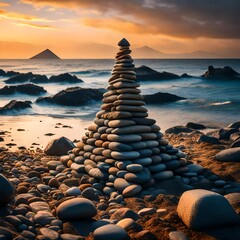 Pyramid of stones by the shore at Sunse  