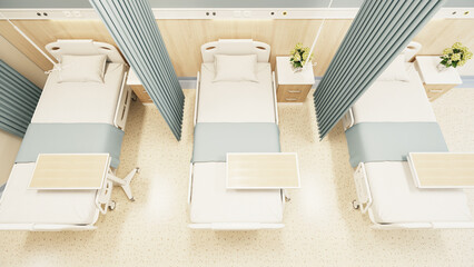 Esthetic and clean modern hospital patient room, private clinic comfortable recovery place for patient treatment. Hospital ward interior.
