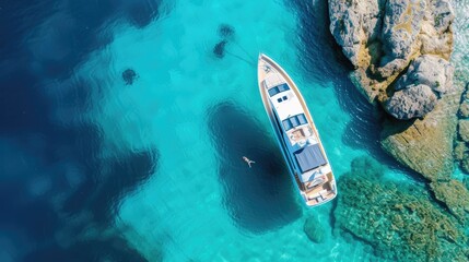 Elegant Escapade: A Luxury Yacht Anchored in Crystal Clear Turquoise Waters Offers an Exclusive Retreat in Tropical Paradise.