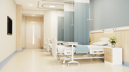 Esthetic and clean modern hospital patient room, private clinic comfortable recovery place for patient treatment. Hospital ward interior.