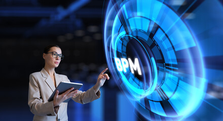 BPM Business process management. Automation technology concept. Businesswoman pointing on virtual...