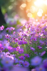 A photograph of a vast field filled with purple flowers, with the sun shining brightly in the...