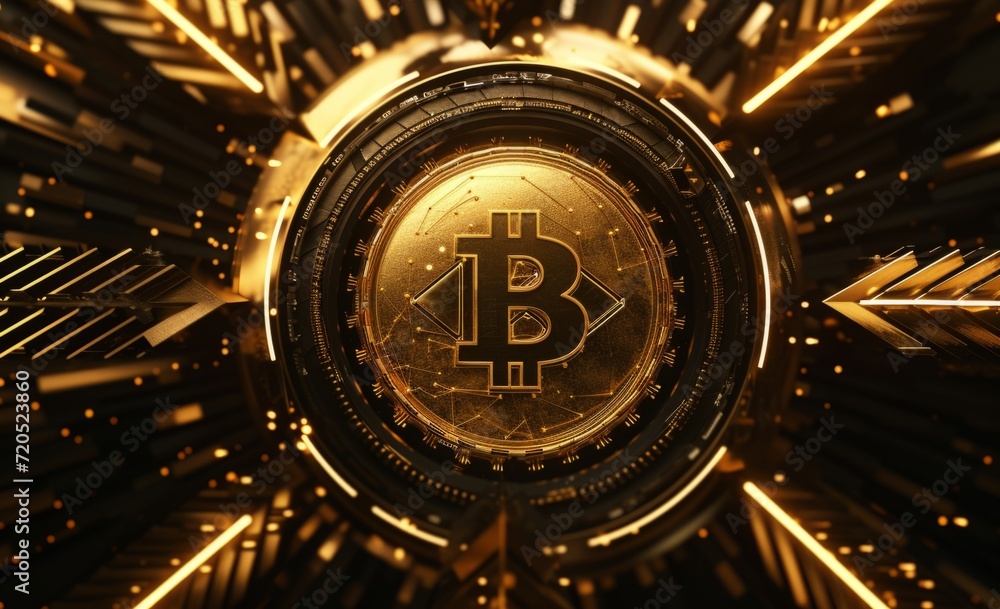 Poster bitcoin logo with a golden line of arrows generative ai
