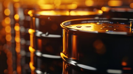 Metal barrel for black oil on blurred background. Chemical storage for petroleum products - obrazy, fototapety, plakaty