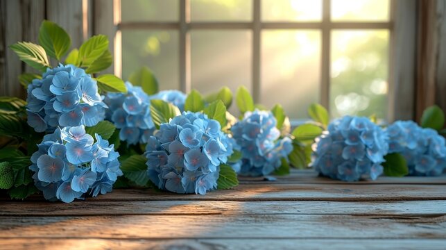 A collection of blue hydrangea flowers arranged on top of a wooden table.