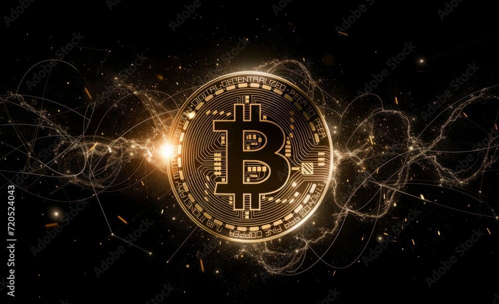 Poster bitcoin isolated on black background of virtual currency and cyberspace generative ai