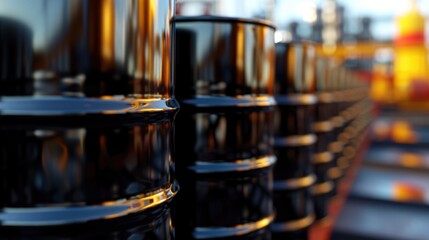 Metal barrel for black oil on blurred background. Chemical storage for petroleum products