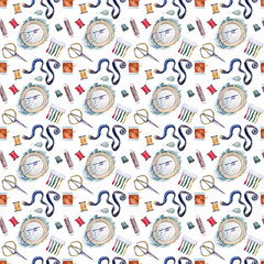 Watercolor seamless pattern with a set of accessories for embroidery and sewing