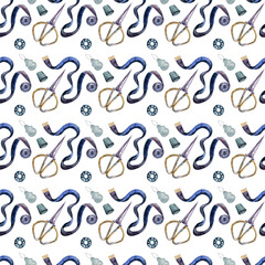 Watercolor seamless pattern with a set of accessories for embroidery and sewing