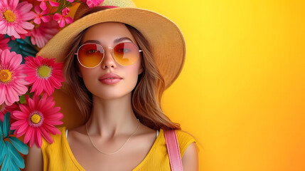 Beautiful fashionable young woman in hat and sunglasses with flowers on yellow background. Fashion woman cloth flyer design. Beauty, fashion. Advertisement concept with wide copy space for text.	
