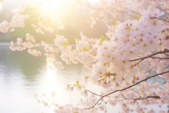serene spring day in park, soft pink sakura flowers 