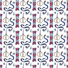 Watercolor seamless pattern with a set of accessories for embroidery and sewing
