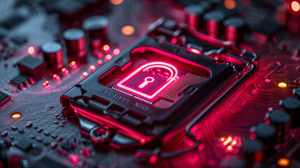 Close-up view of a modern GPU card with security padlock icon.  Cyber security and information protection concept. 3d rendering.