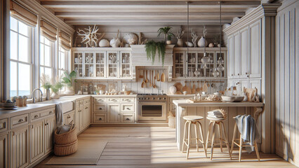 Beach house kitchen with light-colored cabinets, driftwood accents, and seashell decor - obrazy, fototapety, plakaty