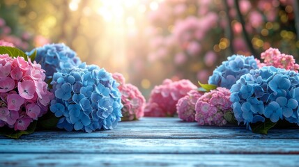 A wooden table adorned with a hydrangea variety of blue and pink flowers.