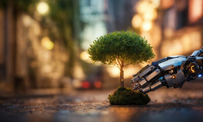 Une main de robot qui protège un petit arbre dans une ville- generative AI - obrazy, fototapety, plakaty