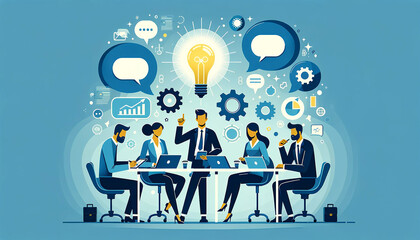 Stylized corporate team meeting with diverse brainstorming participants, illustrated with dialogue bubbles and innovative symbols. Ideas discussion concept. AI generated. - obrazy, fototapety, plakaty
