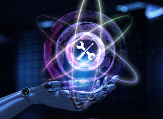 Technical support customer service guarantee quality assurance. Robot hand pressing button 3d render.