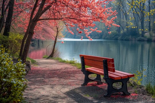 A red bench surrounded by the calm waters of a lake, resting on the side of the shore. - Powered by Adobe