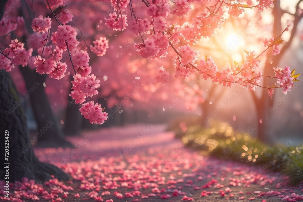 Poster Sunlight streams through the trees, illuminating the surrounding area and casting beautiful shadows on the petals below.