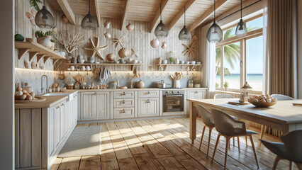 Beach house kitchen with light-colored cabinets, driftwood accents, and seashell decor