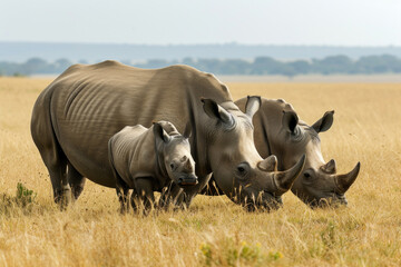 A family of rhinos peacefully grazing in the savannah