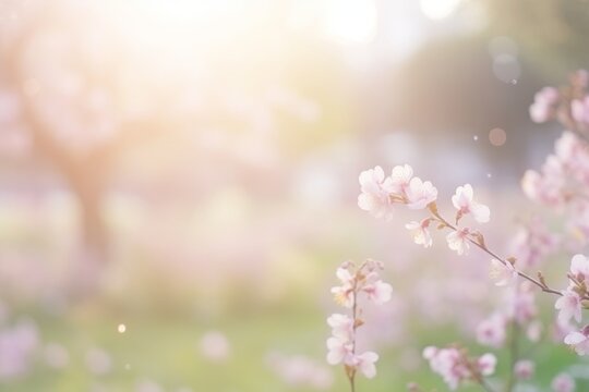 This image captures the delicate beauty of pink spring blossoms bathed in the soft, golden light of an early morning sunrise, offering a sense of peace and renewal.