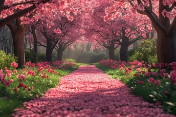 A pathway surrounded by vibrant pink flowers leading through a scenic landscape.