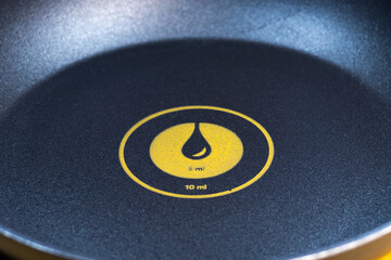 Close up, cooking  pan with a dispenser for oil level. Professional kitchen equipment.