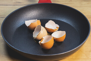 Broken egg shells on the pan. Expensive price on eggs in Russia. Overpriced concept. Poor people. Unemployment.