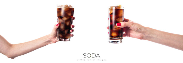 Soda with ice in a transparent glass isolated on a white background. Glass with cold soda in female...