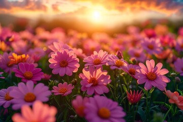 A vibrant field of pink flowers stands before the setting sun, creating a captivating view.