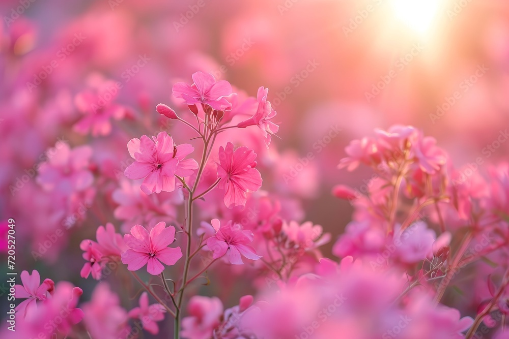 Poster a vibrant field of pink flowers illuminated by the suns rays in the background.