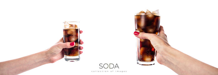 Soda with ice in a transparent glass isolated on a white background. Glass with cold soda in female...
