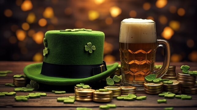 Saint Patrick's Day celebration. Glass of beer, green hat and clover