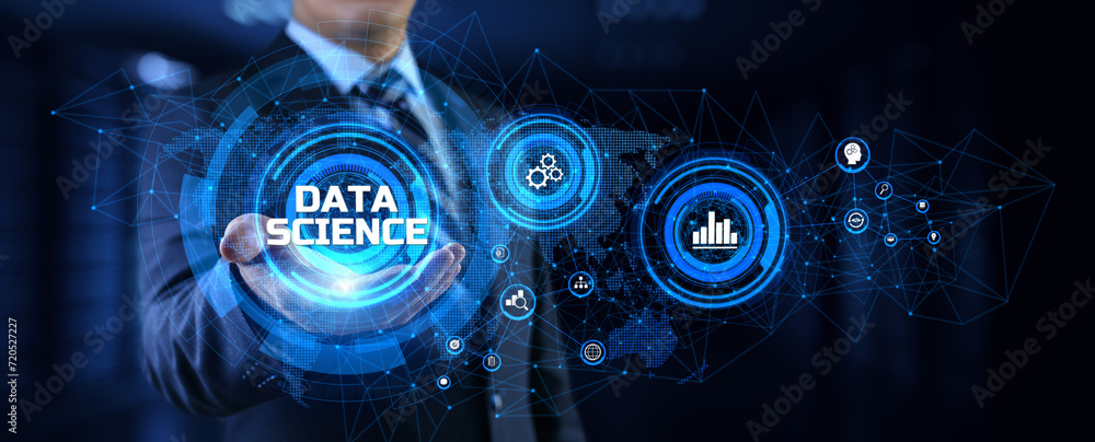 Aufkleber data science analytics concept. businessman pressing button on screen.