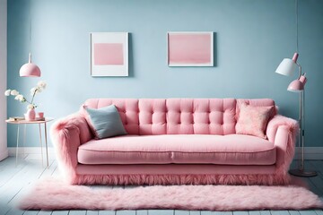 Living room wall mockup in bright tones with leather sofa and leather armchair. close up view.