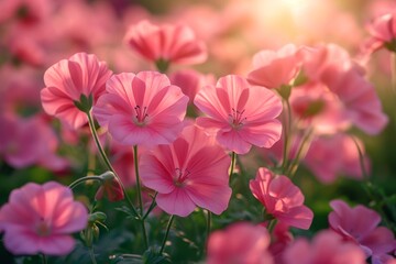 A vibrant field of pink flowers illuminated by the sun in the background.