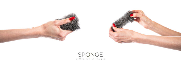 Metal kitchen sponge in the hand isolated on a white background
