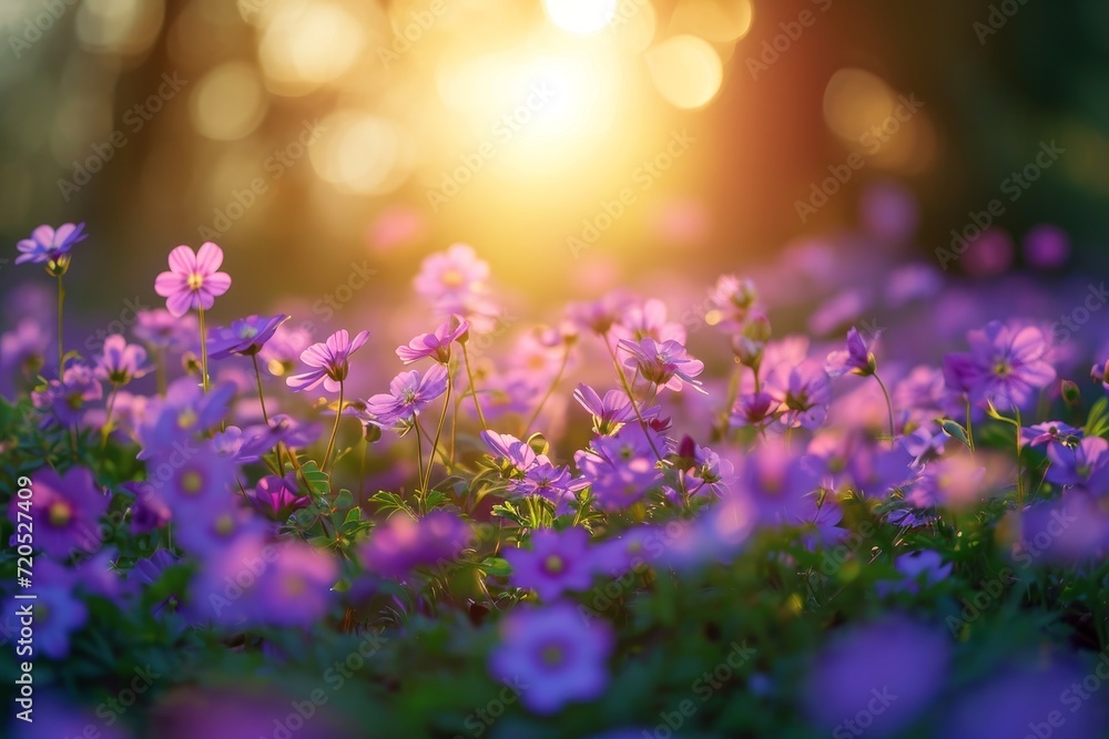 Wall mural A scenic view of a field filled with vibrant purple flowers, glowing under the suns warm rays.