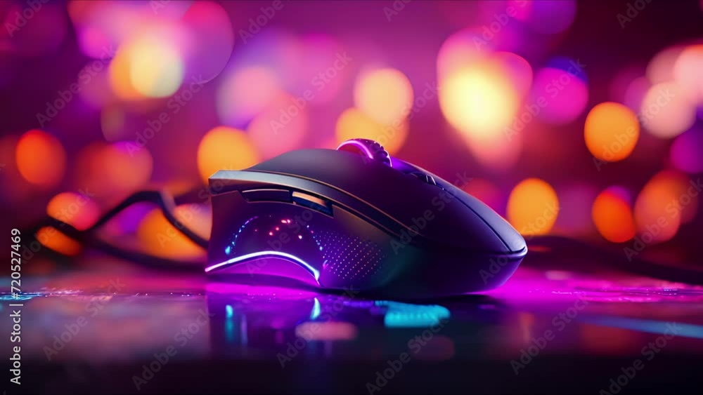 Poster closeup of a gaming mouse with custom ons and led lights being used by a skilled player in an online