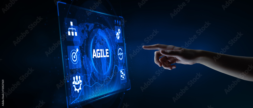 Poster agile software development scrum methodology technology concept. hand pressing button on screen.