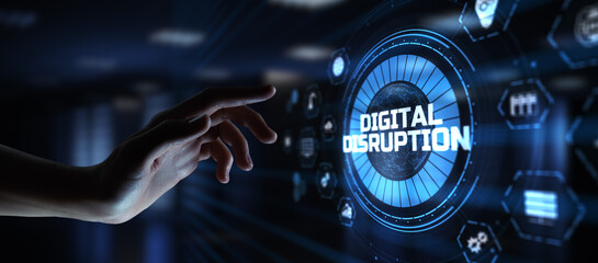 Digital disruption Disruptive innovation Business technology transformation. Hand pressing button.