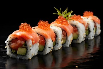 Sushi roll with salmon caviar and cucumber, Artistic recreation of sushi rolls with salmon and white rice with a punctual light, Ai generated