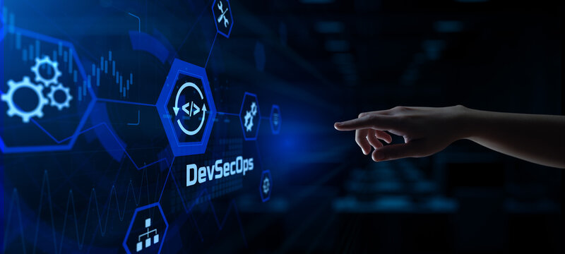 DevSecOps software development technology concept. Hands pressing button virtual screen.
