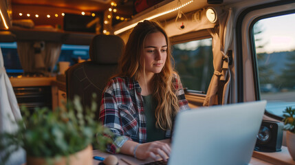Fototapeta na wymiar Young Woman Enjoying Remote Work in Cozy Camper Van life - Digital Nomad Lifestyle, Travel, Adventure, Freelance, Work-Life Balance, Mobile Office, Nature