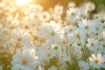 A field filled with white flowers is beautifully illuminated by the sun in the background.