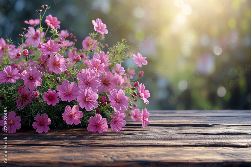 Poster a bunch of pink flowers placed on a wooden table, creating a vibrant and colorful display.